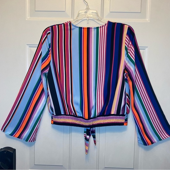 EXPRESS Colorful Cropped Striped V-Neck Faux Wrap Tie Front Blouse Sz XS - Picture 2 of 15